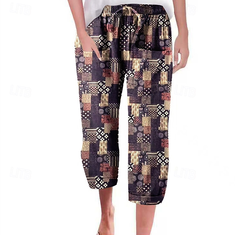 Dam Shorts i bomullslinne Linneinspirerade byxor Byxor av linne i bomull Mode Streetwear Vadlängd Naturlig Blomma Ficka Tryck Elastisk dragsko-design Bekväm Utomhus Semester Utekväll Magenta Svart 2025 - $29.99 –P4