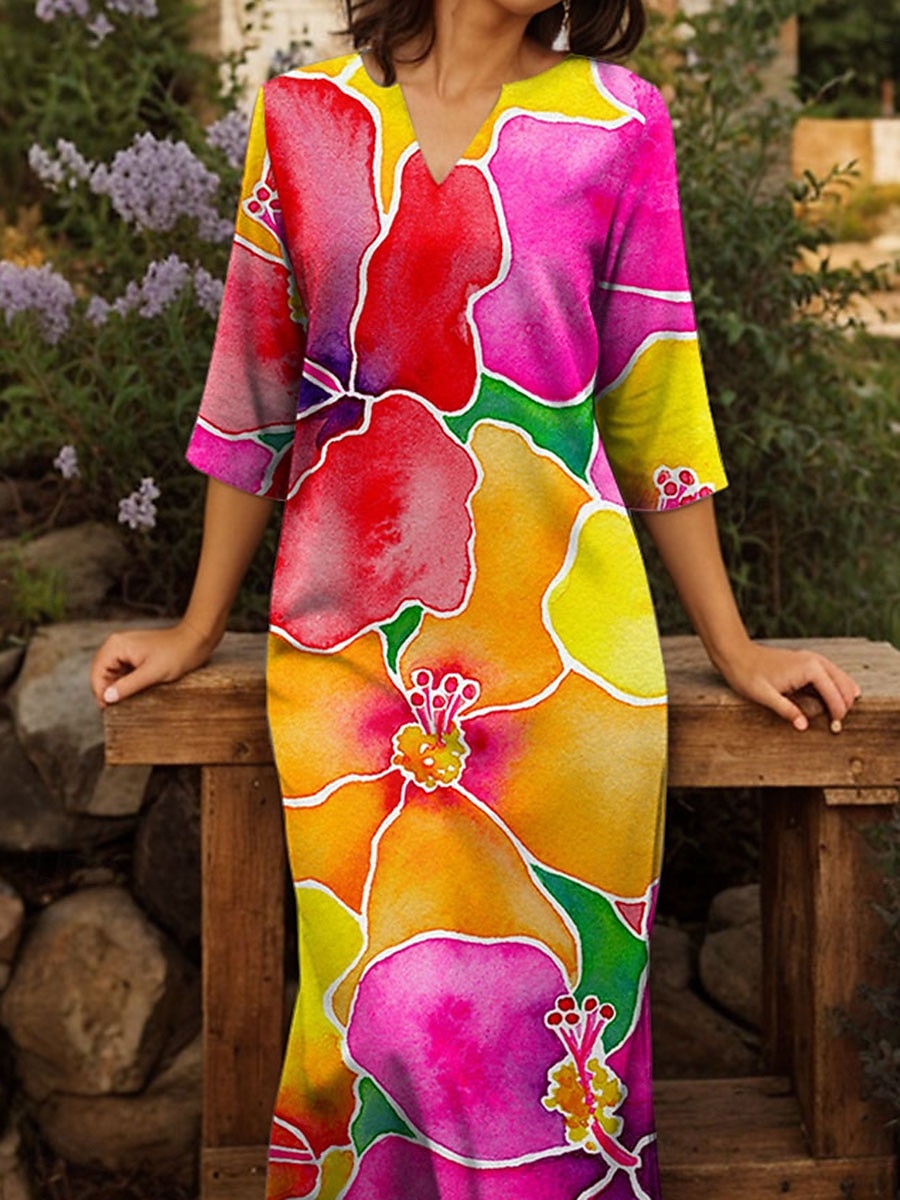 Femmes Robe maxi Robe T-Shirt Robe fourreau Vacances Occasionnel Boho Extérieur Sortir Coupe régulière Fleuri Graphique Demi Manches Col en V Fuchsia Été Printemps de 2025 ? $46.99 –P2