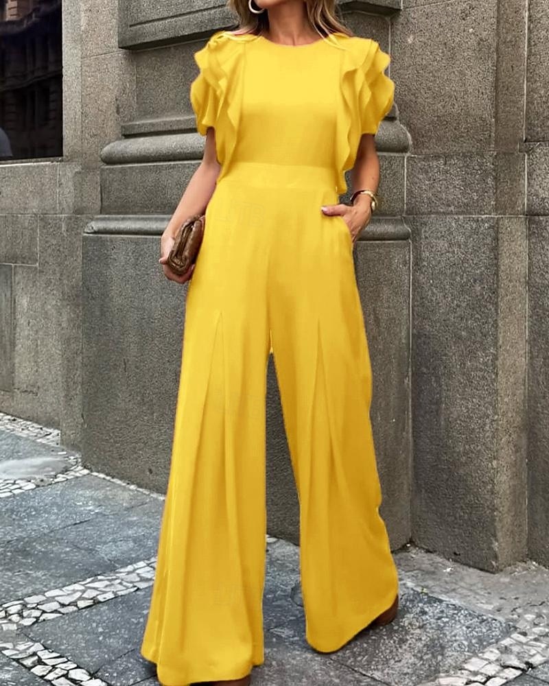 Macacões Vestido de Festa Vintage Semi Formal Convidada de Casamento Comprimento do Chão Sem Mangas Decote Redondo Crepe Esticável com Volantes de 2025 por $154.99 –P5