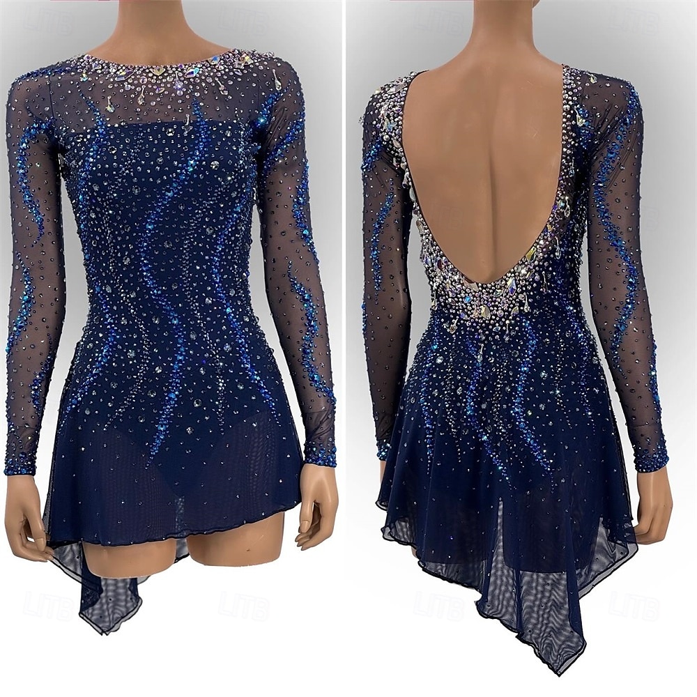 Figure Skating Dress Women's Girls' Ice Skating Dress Navy Thumbhole Open Back Mesh High Elasticity Training Competition Skating Wear Classic Crystal / Rhinestone Long Sleeve Ice Skating Figure 2025 - GBP £215 –P1