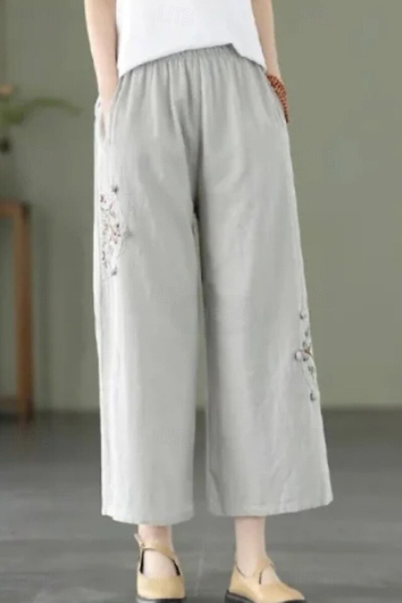 Per donna Pantaloni in cotone e lino Moda Streetwear Lunghezza intera Naturale Floreale Ricamato Tasca Elastico in vita Comodo All'aperto Confortevole All'aperto Vacanza Ferie Aalbicocca Blu cielo del 2025 a $22.99 –P3
