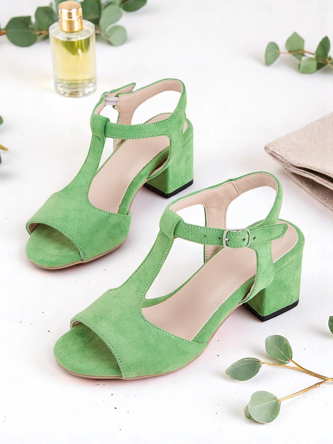 gröna chunky klacksandaler för kvinnor – retro t-rem med öppen tå i fuskmocka för sommararbetskläder och avslappnad streetstyle 2026 - $46.99 –P1