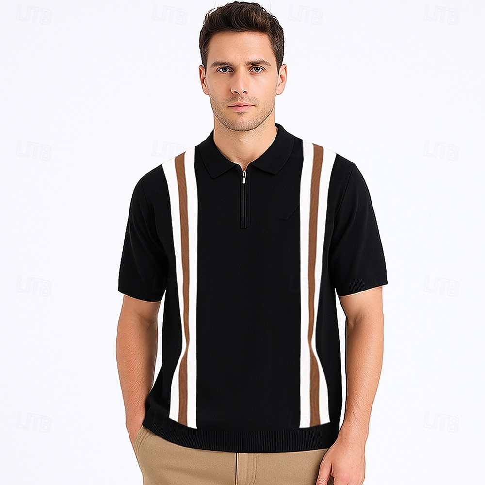 Herren Polo Strick-Polopullover Geschäft Lässig Revers Kurzarm Formell Gestreift Streifen Patchwork Sommer Ganzjahres Schwarz Weiß Grün Polo 2025 - $30.99 –P1
