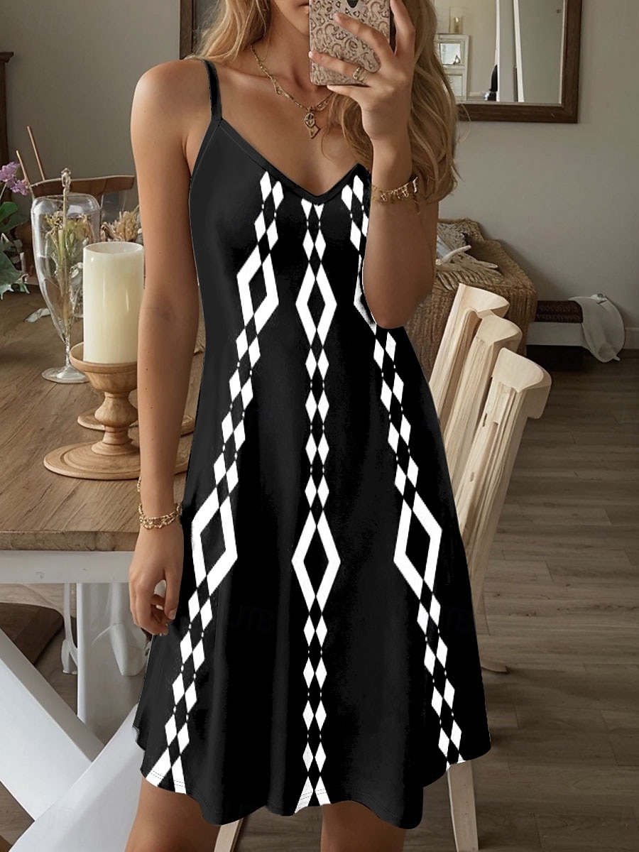 Damen Minikleid Sommerkleid A Linie Kleid Unterkleid Schulterfreies Kleid Urlaub Lässig Boho Ausgehen Strand Standard Passform Grafik Geometrisch Ärmellos V Ausschnitt Schwarz Sommer 2025 - $20.99 –P1