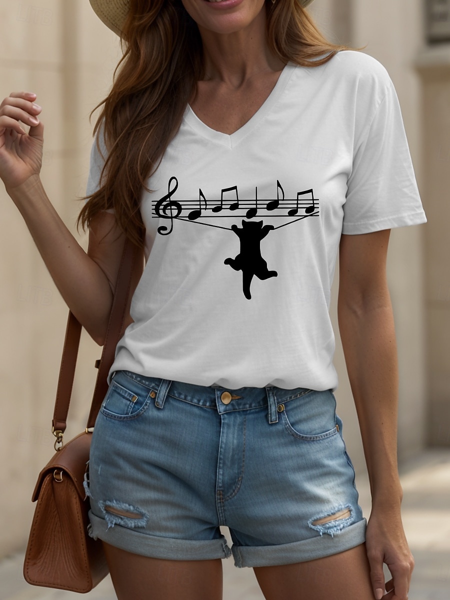 Femmes Chemisier Graphique Chat Lettre ancien Élégant Classique Manche Courte Col en V Hauts Réguliers Quotidien Sortir Tenue de plage Imprimé Noir Blanche Été Printemps de 2025 ? $27.99 –P5