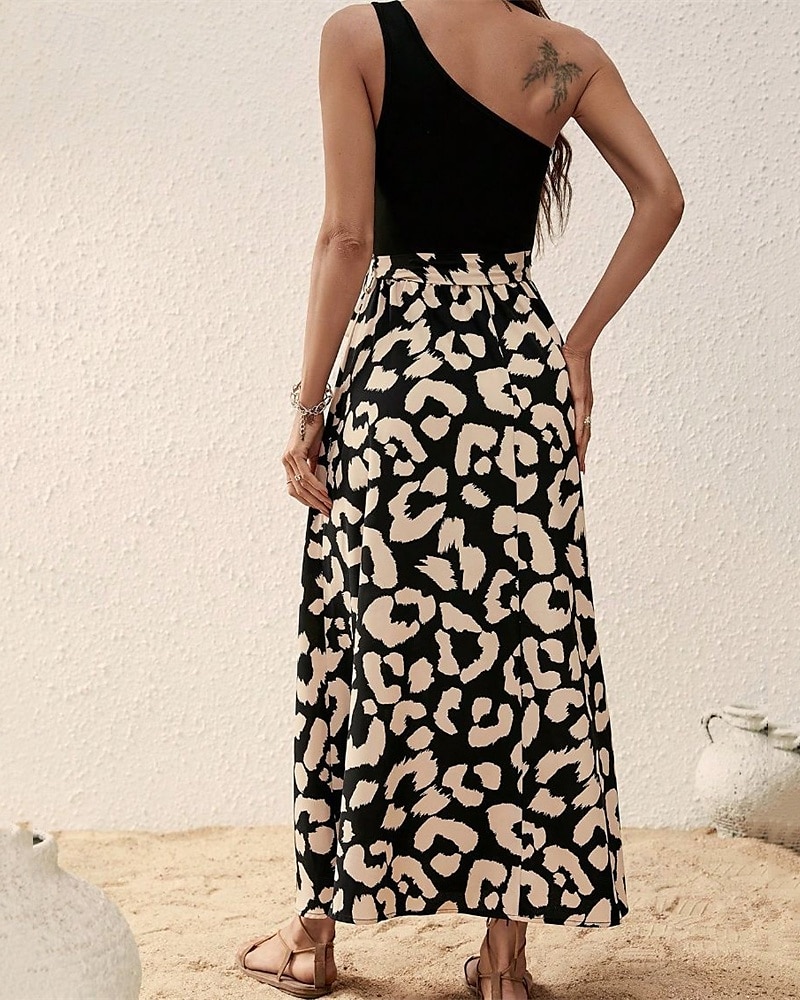 Femmes Robe Midi Robe Décontractée Robe d'été Élégant Mode Moderne Quotidien Plage Week-end Coupe régulière Léopard Sans manches Une Épaule Noir bleu marine Été de 2025 ? $27.99 –P2