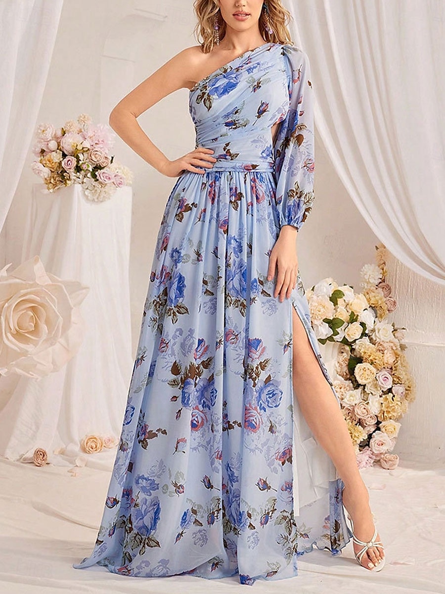 Brautjungfernkleider A-Linie Ein-Schulter Langarm Bodenlang Chiffon Brautkleider Mit Falten Floralprint 2025 - $79.99 –P1