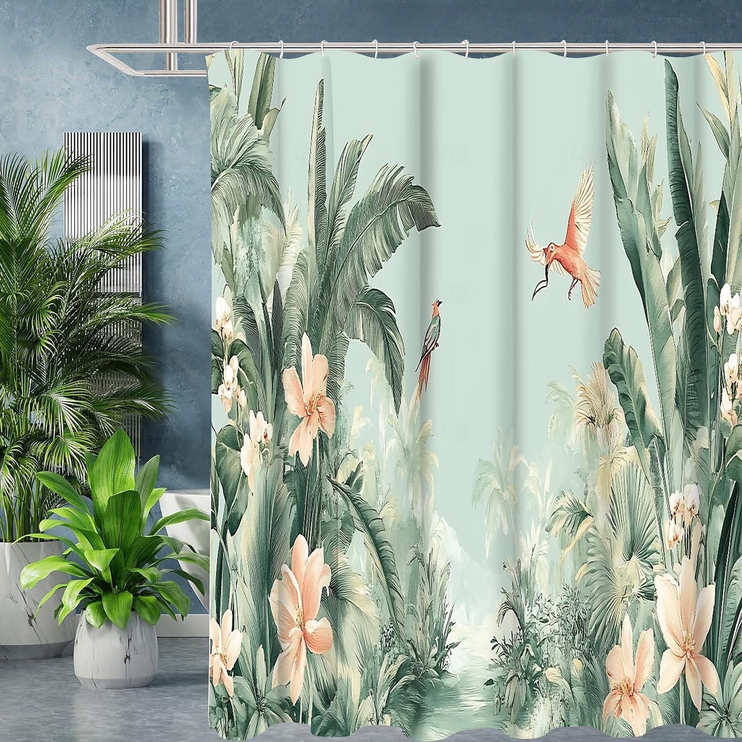 Sprchový závěs s 12 háčky 180 cm*180 cm (70"*70") polyesterový strojově pratelný voděodolný tropický vzor listů 2025 - $18.49 –P4