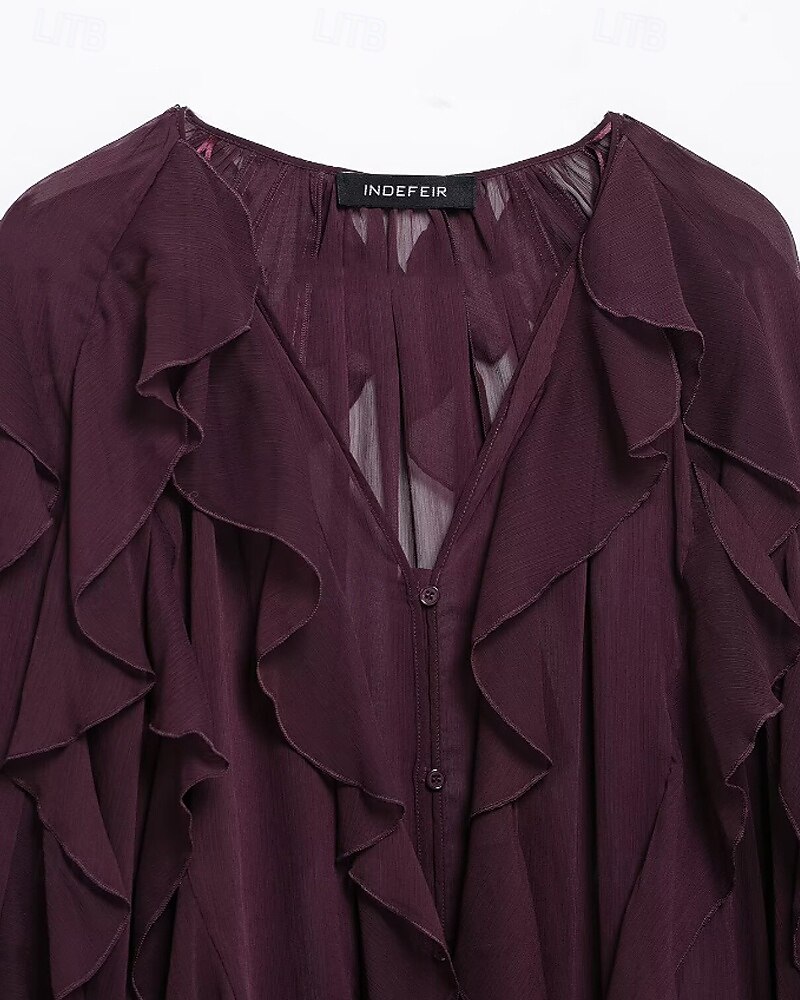 Femmes Chemise Chemisier Uni Élégant Moderne manche longue Col en V Hauts Réguliers Fête Sortir Superposé Vin Été de 2025 ? $34.99 –P12