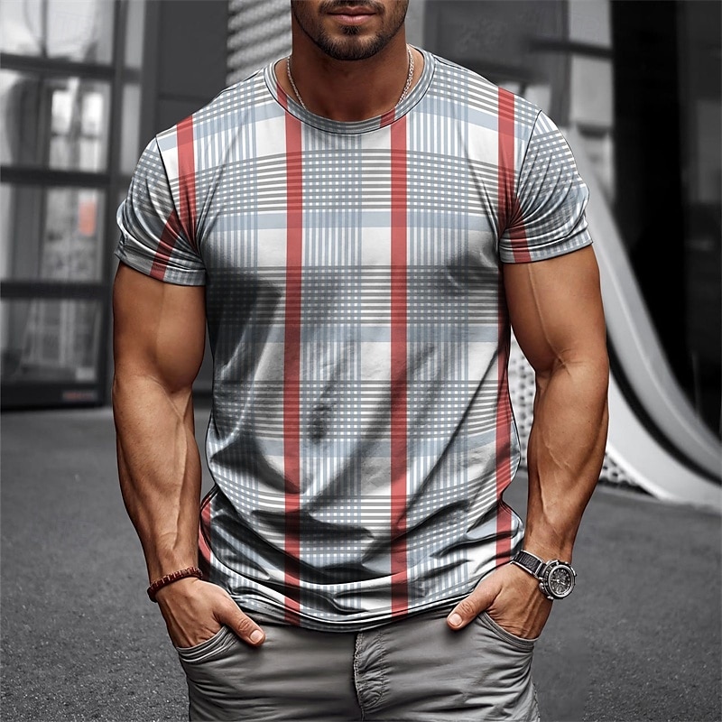 Men's T Shirt Henley Shirt Tee Short Sleeve Shirt Short Sleeve Crewneck Summer Plaid / Check Fashion Designer Basic Check Pattern Vacation Street Going out Sky Blue+Silver Yellow Red Top Tee for Men 2025 - $12.49 –P1