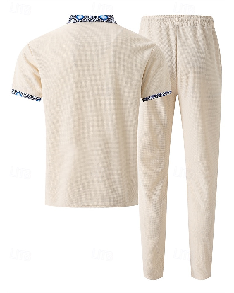 Voor heren Wafel Shirt T-shirt past Shirt- en broeksets 2 stuks outfits Korte mouw Revers Zomer Kleurenblok Modieus Casual Lapwerk 2-stuks Vakantie Alledaagse kleding Uitgaan Zwart Wit Koningsblauw 2025 - $40.99 –P3