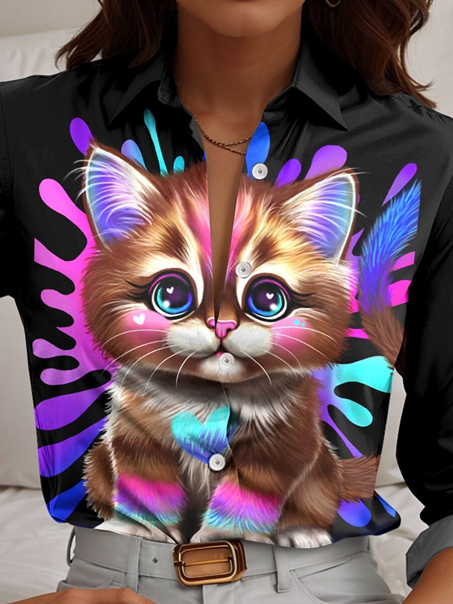 Lil Kitty di Sheena Pike Camicia da donna a maniche lunghe con colletto a bottoni grafica animale gatto stilosa moderna casual colletto regolare top da lavoro quotidiano stampa bottoni neri primavera del 2025 a $32.99 –P3