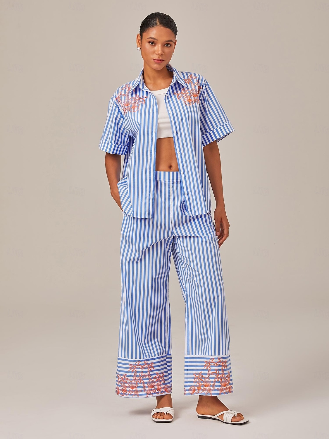 chemise oversize brodée à rayures d'été de 2025 ? $68.99 –P1