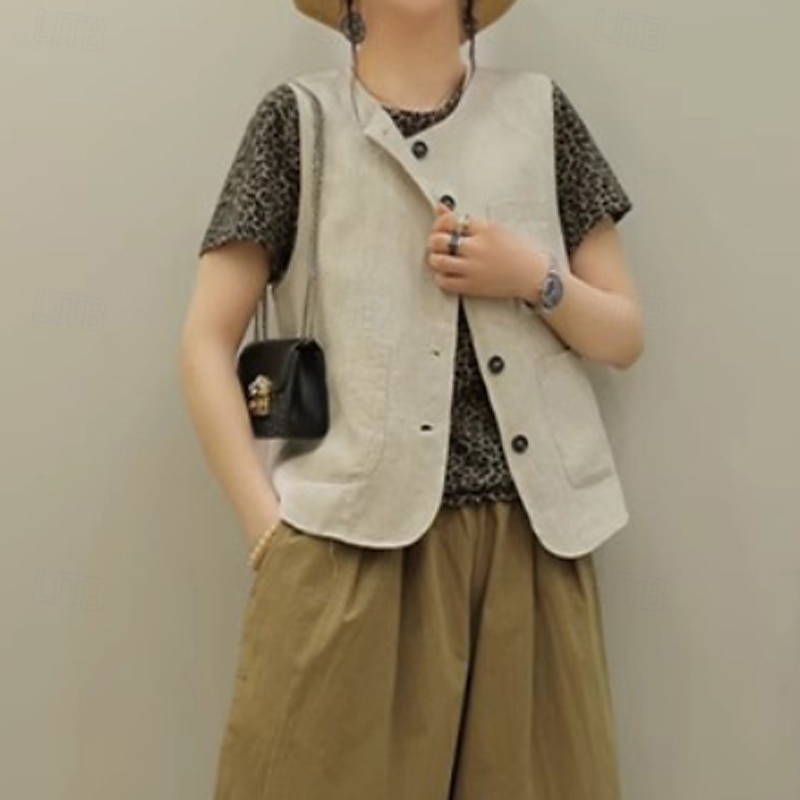 Femmes Chemises inspirées du lin Uni Actif Occasionnel Sans manches Col ras du cou Hauts Réguliers Quotidien Fête Sortir Boutons Avec Poches Noir Vert Abricot Été de 2025 ? $32.99 –P7
