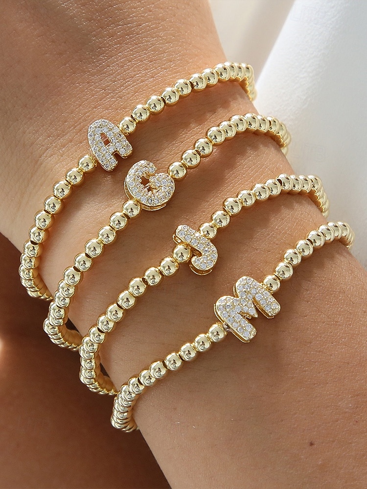 brățară inițială de damă cu margele de aur - bijuterii personalizate cu farmec cu alfabet, design elastic elastic reglabil, stil elegant, potrivită pentru cadouri de absolvire, zile de naștere și purtare zilnică 2025 - $11.99 –P2