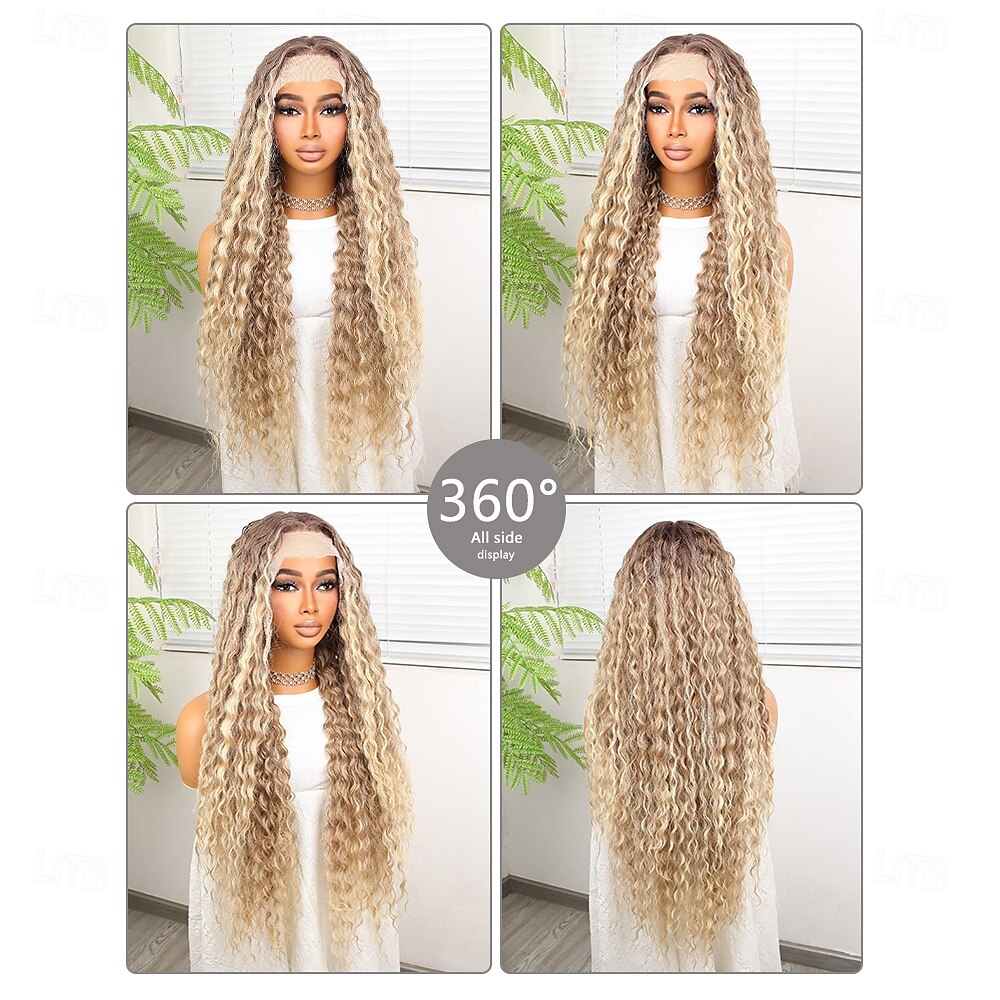 Synthetic Lace Wig Deep Curly Style 32 inch Multi-color Middle Part 13x4x1 T Part Lace Front Wig Women's Wig Light golden 2025 - $74.99 –P2