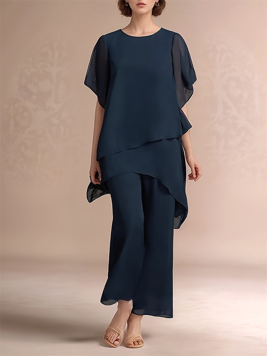 Ensemble de pantalon 2 pièces robe de mère de la mariée classique à col rond élégante en chiffon asymétrique à manches courtes avec une couleur unie de 2025 ? $79.99 –P1