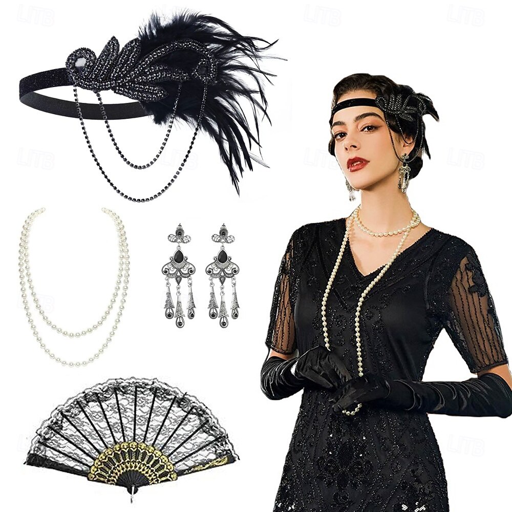 1920-as évek A nagy Gatsby Flapper fejpánt Gyöngyös karkötő Fülbevaló A nagy Gatsby Toll Retro Csillogó glitter Kristály / Strassz Női Farsang Valentin nap Álarcos mulatság Party estélyi viselet 2025 - $23.99 –P1
