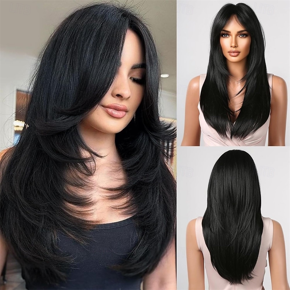 Parrucche castane ombré con frangia, lunghe e lisce, a strati, per donne, parrucche in capelli sintetici resistenti al calore del 2025 a $28.99 –P4