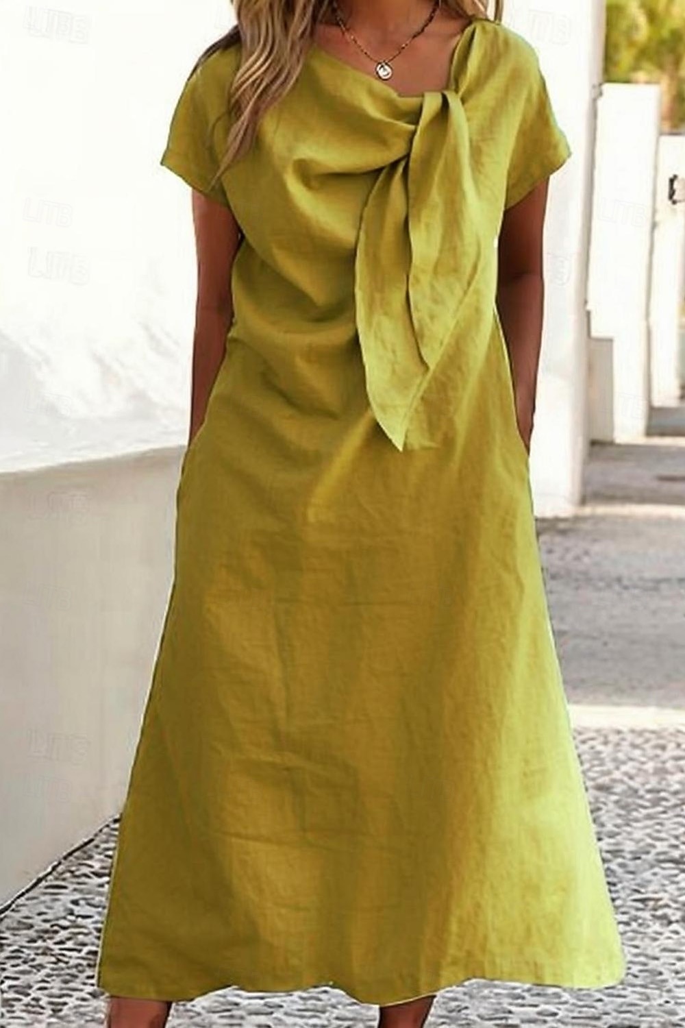 Damen Midikleid Kunstbaumwollleinen Shiftkleid Mode Klassisch Outdoor Ferien Wochenende Normale Passform Einfach Kurzarm Rundhalsausschnitt Gelb Orange Grün Khaki Sommer 2026 - $26.99 –P1