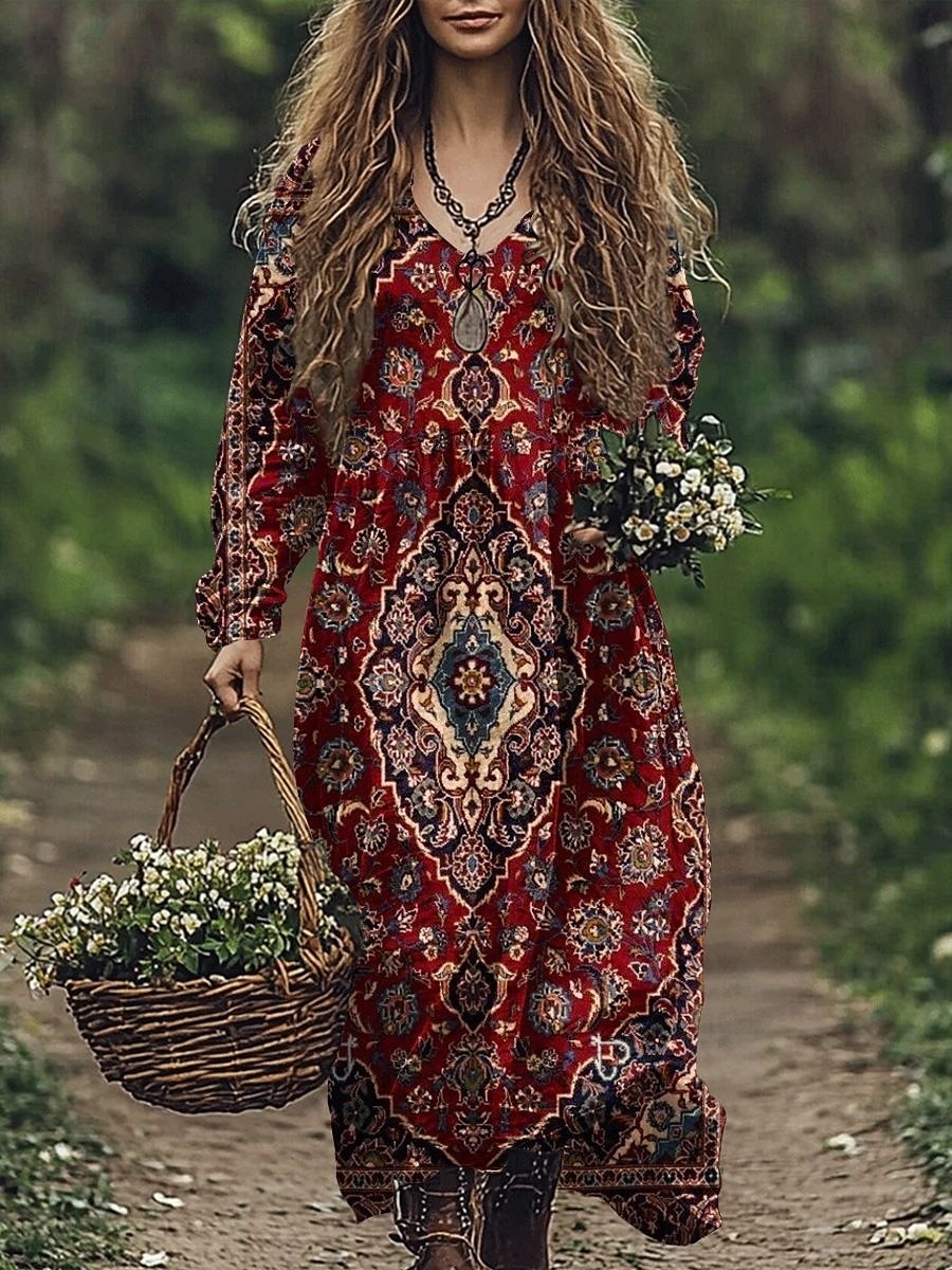 Damen Maxikleid A Linie Kleid Sommerkleid Lässig Boho Täglich Normale Passform Blumen Grafik Paisley-Muster Langarm Einkerbiger Ausschnitt Wein Blau Purpur Fuchsie Sommer 2025 - $31.99 –P1