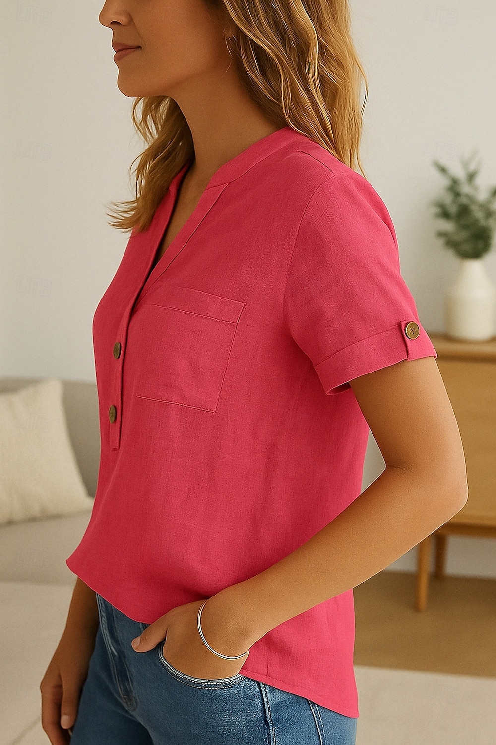 Dames Knoop omhoog Katoenen linnen overhemd Effen Stijlvol Modern Korte mouw V-hals Normale tops Dagelijks Feestdagen Knop Rood blauw Zomer 2025 - $25.99 –P3