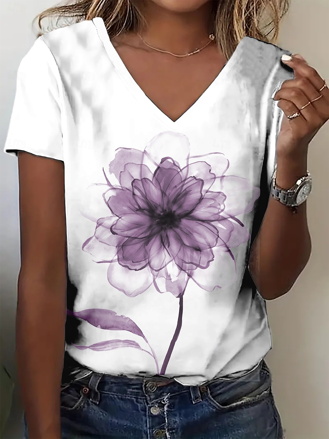 Dame T skjorte Sommertopper Blomstret Grafisk Klassisk Fritid Kortermet V-hals Crop Tops Daglig Helg Trykt mønster Gul Rød Lilla Grønn Lyseblå Sommer Vår Høst 2025 - $15.49 –P1