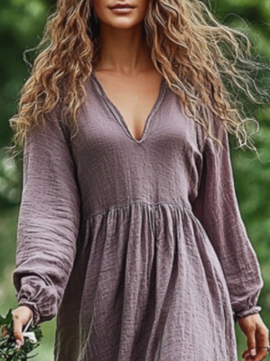 Damen Langes Kleid Maxikleid Freizeitkleid Sommerkleid Boho-Kleid Tribal Urlaub Täglich Normale Passform Einfarbig Langarm V Ausschnitt Blau Purpur Sommer 2025 - $22.99 –P2
