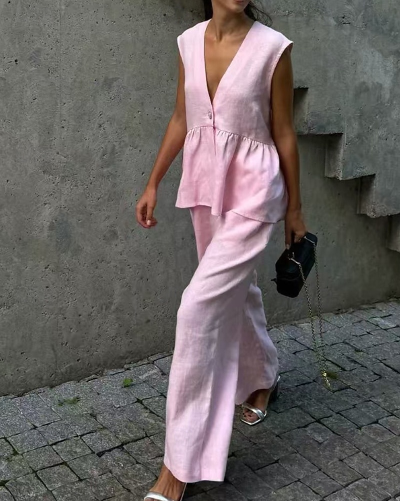 Femmes Actif Mode Ensembles en coton et lin Chemisier Gilet Sans manches Col en V Couleur Unie Dubbele Rij Knopen Date Décontracté Quotidien Noir Rose Claire Bleu clair Été Coupe régulière de 2025 ? $31.99 –P3