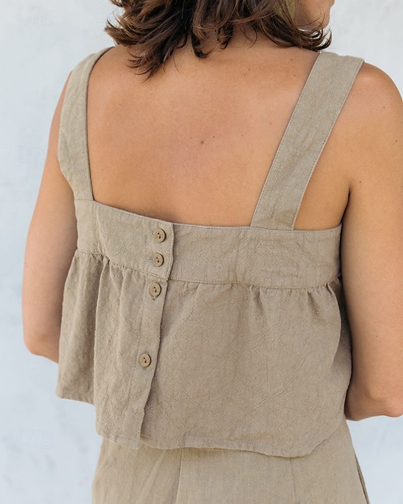 Per donna Camicia di lino Gilet in cotone e lino Blusa Semplice Moderno Casual Senza Maniche Collo quadrato Top corti Quotidiano Ferie Senza schiena Bianco Cachi Estate del 2025 a $36.99 –P16
