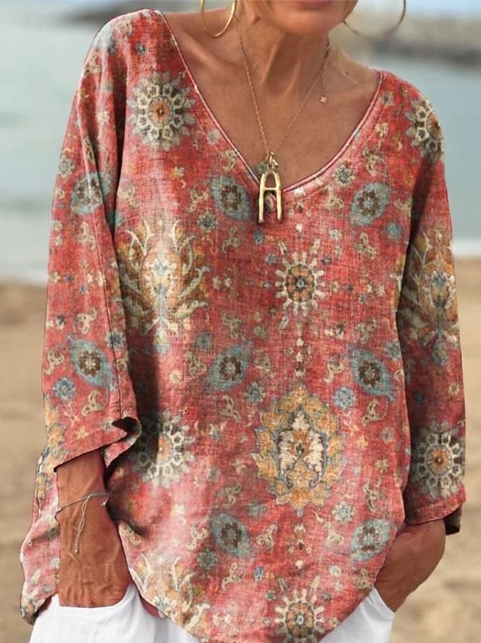 Dame Bluse Blomstret Grafisk Geometrisk Stilfull Fritid Langermet 3/4 ermer V-hals Vanlige topper Daglig Blå Lilla Oransje Grønn Sommer Vår 2025 - $24.99 –P2