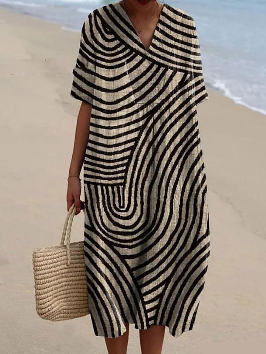 Dame Midikjole Solkjole Kjole med A-linje Ferie Fritid Strandstil Fest Ut på byen Strand Løstsittende Grafisk Geometrisk Kortermet V-hals Hvit+Svart Mørkebrun Aske Sommer Vår 2025 - $37.99 –P1