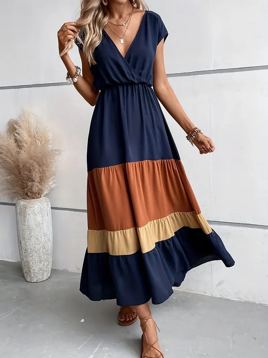 Per donna Abito maxi Abito a trapezio Casual All'aperto Uscire Spiaggia Vestibilità comoda Grafico Manica Corta Scollo a V Blu Fucsia Marrone Estate del 2025 a $39.99 –P4