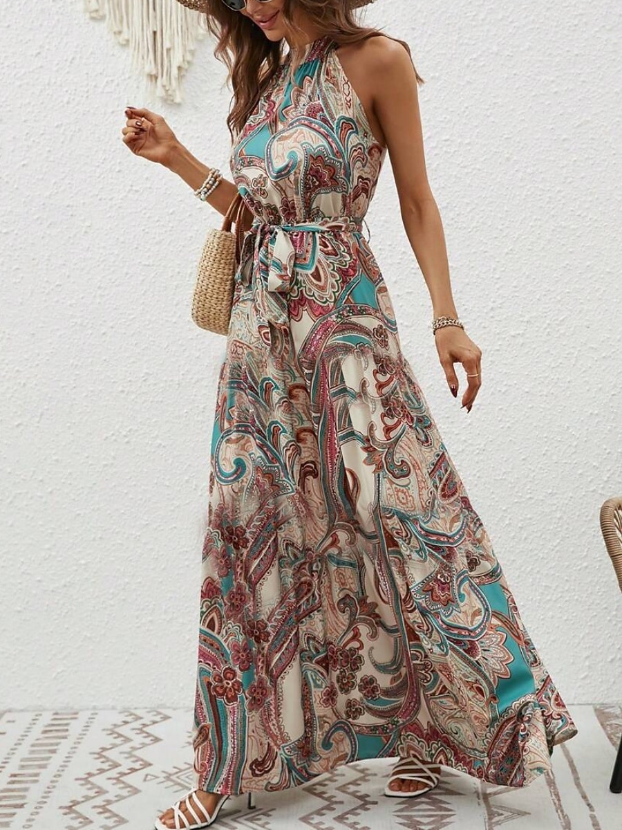 Dam Maxiklänning A linjeklänning Off Shoulder Klänning Semester Ledigt Boho Utomhus Utekväll Normal Grafisk Paisley Ärmlös Halterneck Blå Purpur Brun Aprikos Sommar 2025 - $29.99 –P9