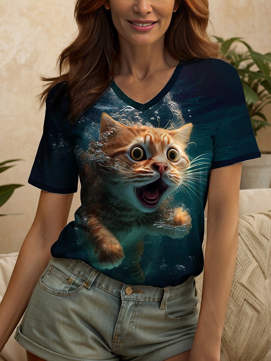 Pentru femei Tricou Grafic Animal Pisica Epocă Stilat Clasic Manșon scurt În V Topuri obișnuite Zilnic Imprimeu Trifoi Vară Primăvară 2025 - $19.99 –P4
