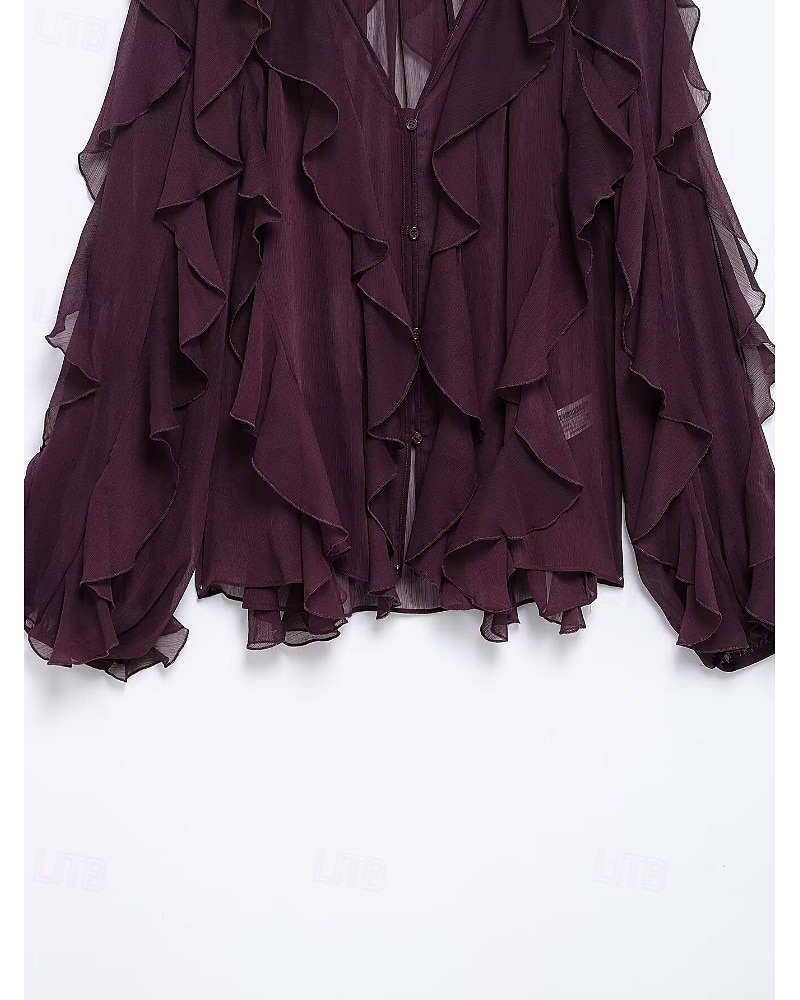 Femmes Chemise Chemisier Uni Élégant Moderne manche longue Col en V Hauts Réguliers Fête Sortir Superposé Vin Été de 2025 ? $34.99 –P18