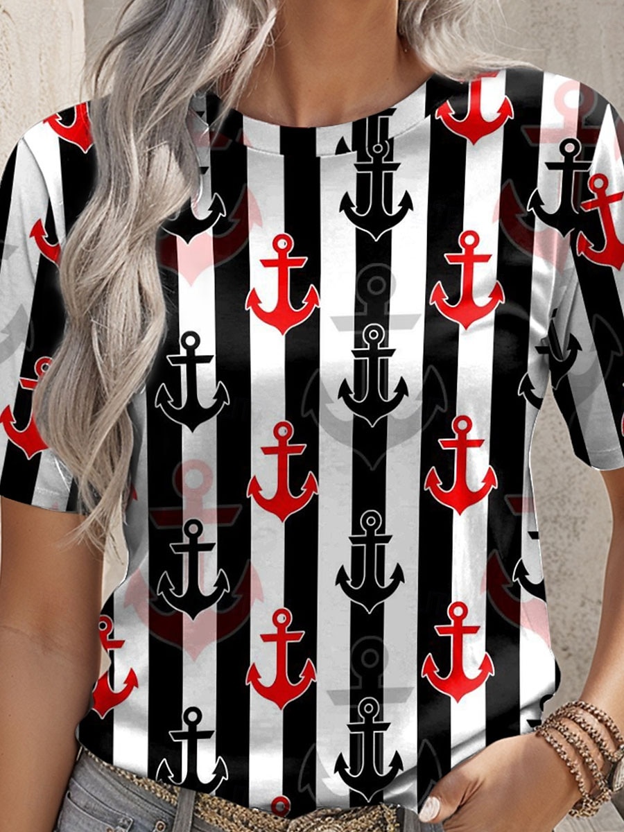 Dame T skjorte Grafisk Geometrisk Stripet Årgang Stilfull Fritid Kortermet Crew-hals Rund hals Vanlige topper Daglig Trykt mønster Svart Sommer Vår 2025 - $19.99 –P3