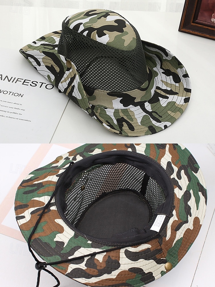 Herren-Sonnenhut aus Camouflage-Netzgewebe mit breiter Krempe und Kinnriemen – atmungsaktiver Outdoor-Wander- und Angelhut für Sommerreisen und Camping 2025 - $11.99 –P7