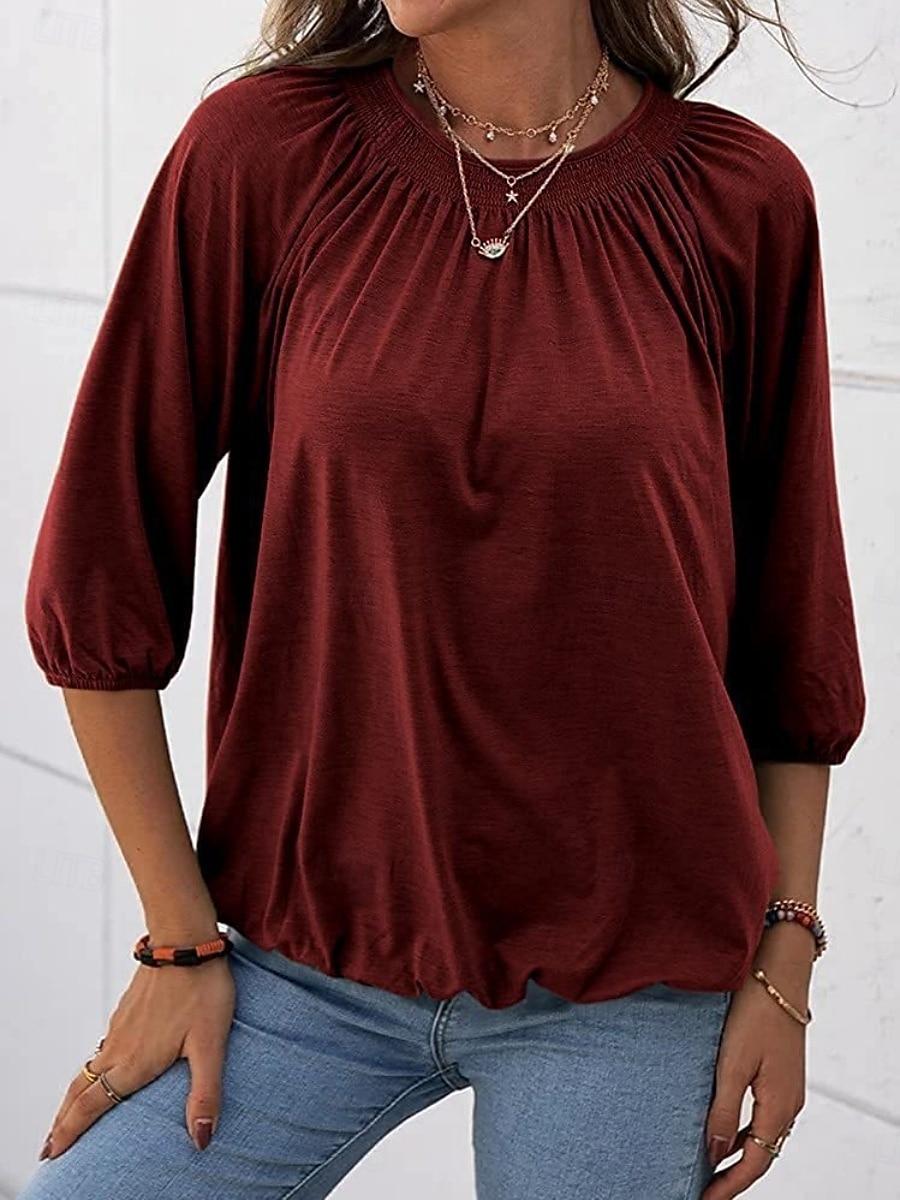 Femmes T-shirt Uni Mode Moderne Manche 3/4 Col ras du cou Hauts Réguliers Quotidien Noir Blanche Rose Claire Vin Vert Véronèse Été de 2025 ? $12.99 –P10