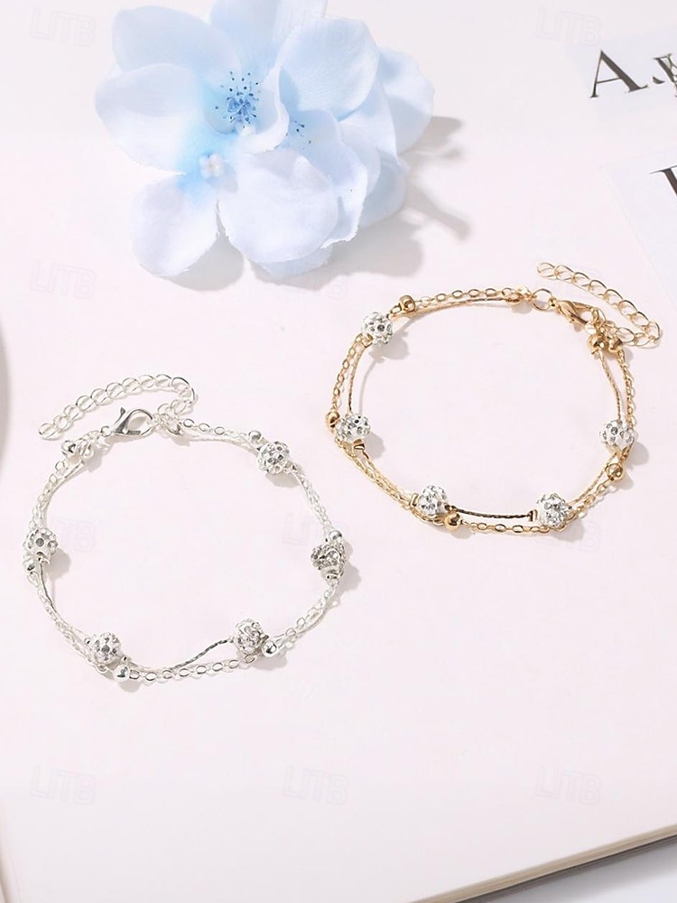 Cavigliera da donna con perline e strass a doppio strato: elegante gioiello da spiaggia con catena in oro per l'estate, le vacanze e l'uso quotidiano del 2025 a $7.99 –P2
