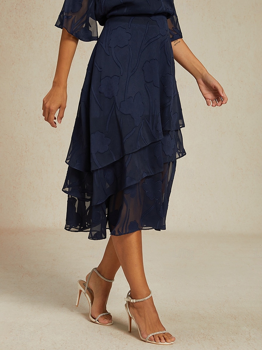 Dame الالتفاف Elegant Midi Medium Midje Skjørt Blomster Multi Layer Uelastisk Fest Avslappet Navyblå Sommer Chiffon 2025 - $56.99 –P3