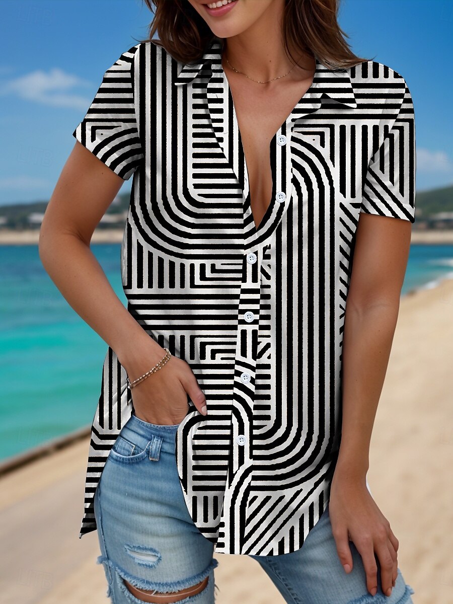 Women's Shirt Graphic Geometric Striped Vintage Tropical Daily Sleeveless Short Sleeve Cap Sleeve Shirt Collar Regular Tops Daily White Camel Summer Spring 2025 - $25.99 –P4