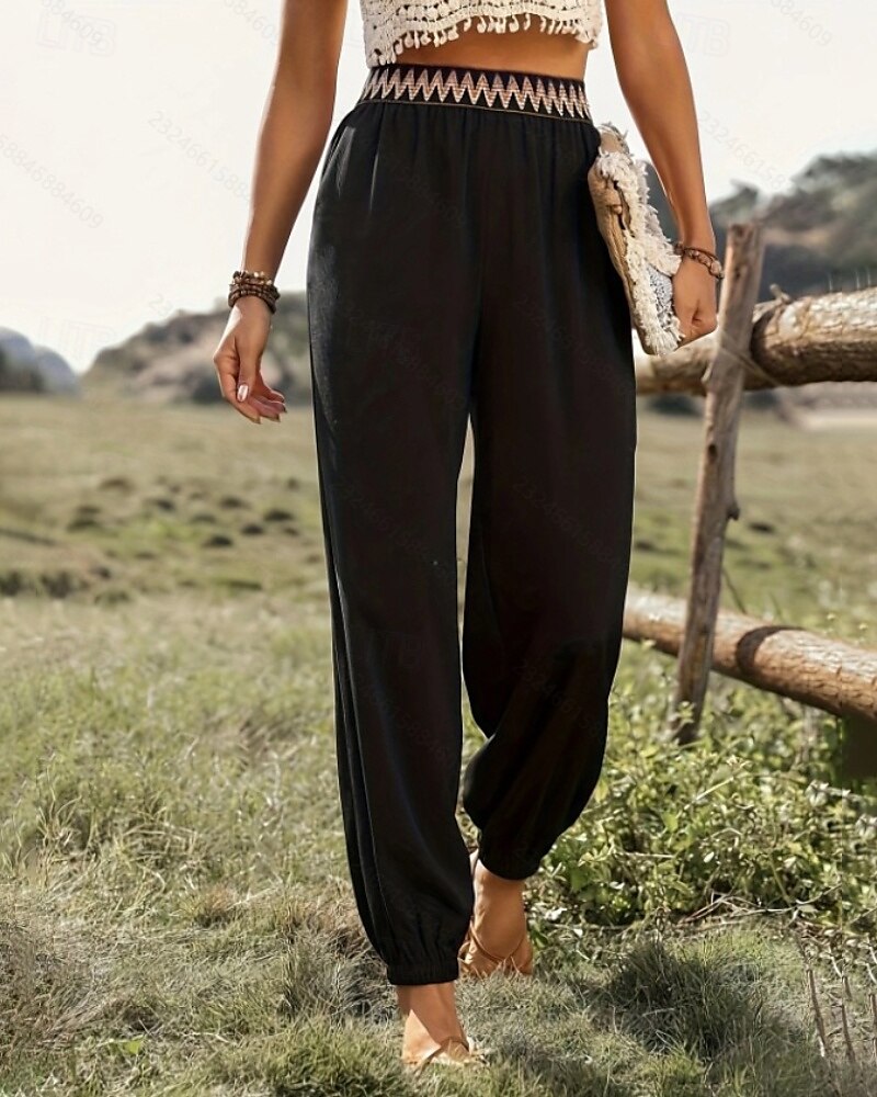 Pentru femei Pantaloni Casual Boho Lungime totală Natural Floare Peteci Talie elastică Exterior Comfortabil Stradă Ieșire Negru Vară Fit regulat 2025 - $19.99 –P1