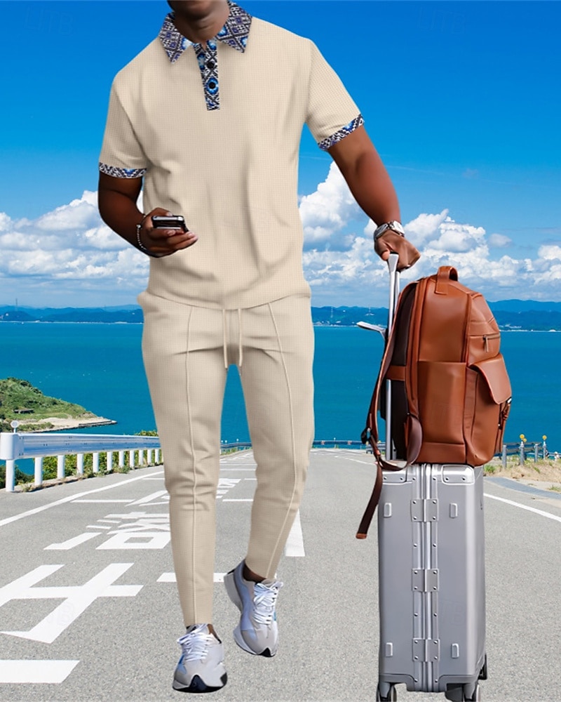 Voor heren Wafel Shirt T-shirt past Shirt- en broeksets 2 stuks outfits Korte mouw Revers Zomer Kleurenblok Modieus Casual Lapwerk 2-stuks Vakantie Alledaagse kleding Uitgaan Zwart Wit Koningsblauw 2025 - $40.99 –P1