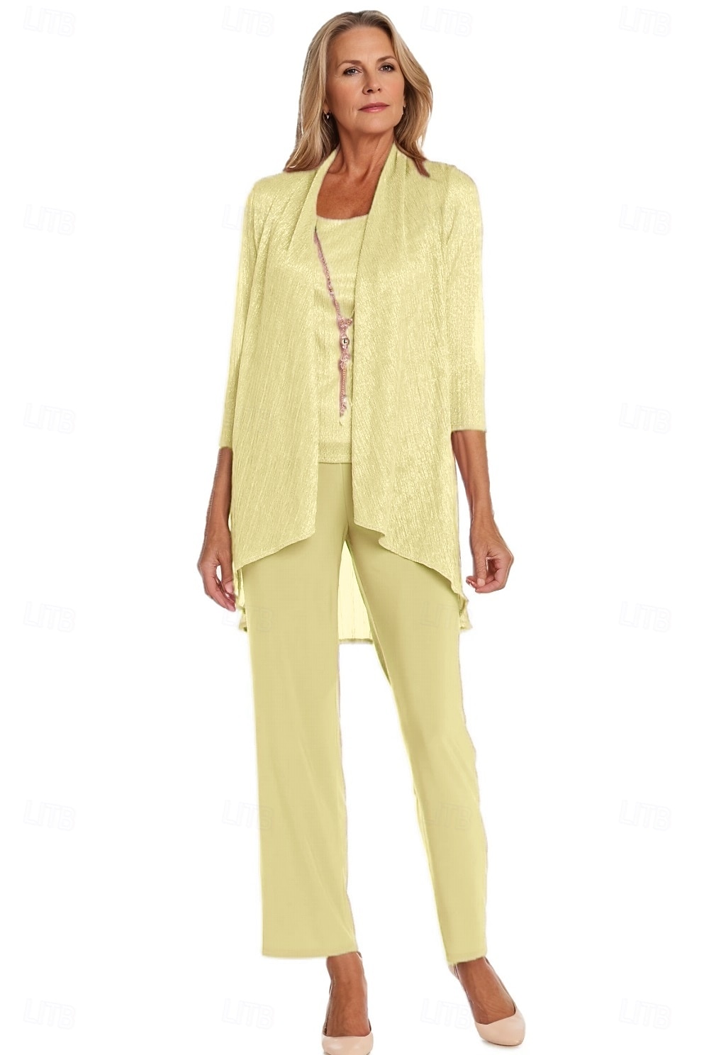 Completo pantalone 3 pezzi per la madre della sposa, elegante, con scollo rotondo, lunghezza pavimento, in chiffon, maniche lunghe, con volant a cascata in pizzo, arricciato, 2025 del 2025 a $148.99 –P6