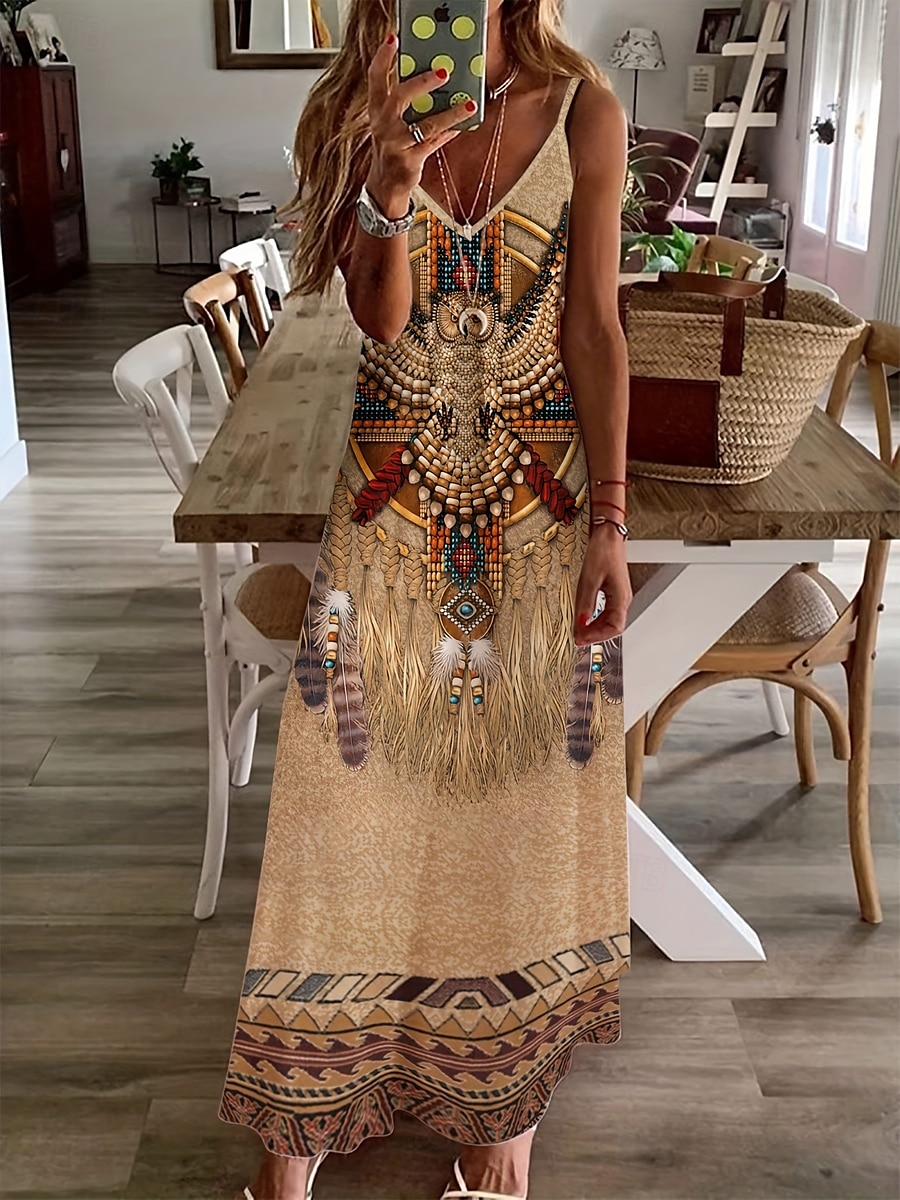 Per donna Abito Midi Vestito Estivo Abito a trapezio Abito Sottoveste Vacanza Casual Boho Uscire Spiaggia Vestibilità comoda Grafico Tribale Senza Maniche Scollo a V Spalline sottili Marrone Estate del 2025 a $31.99 –P1