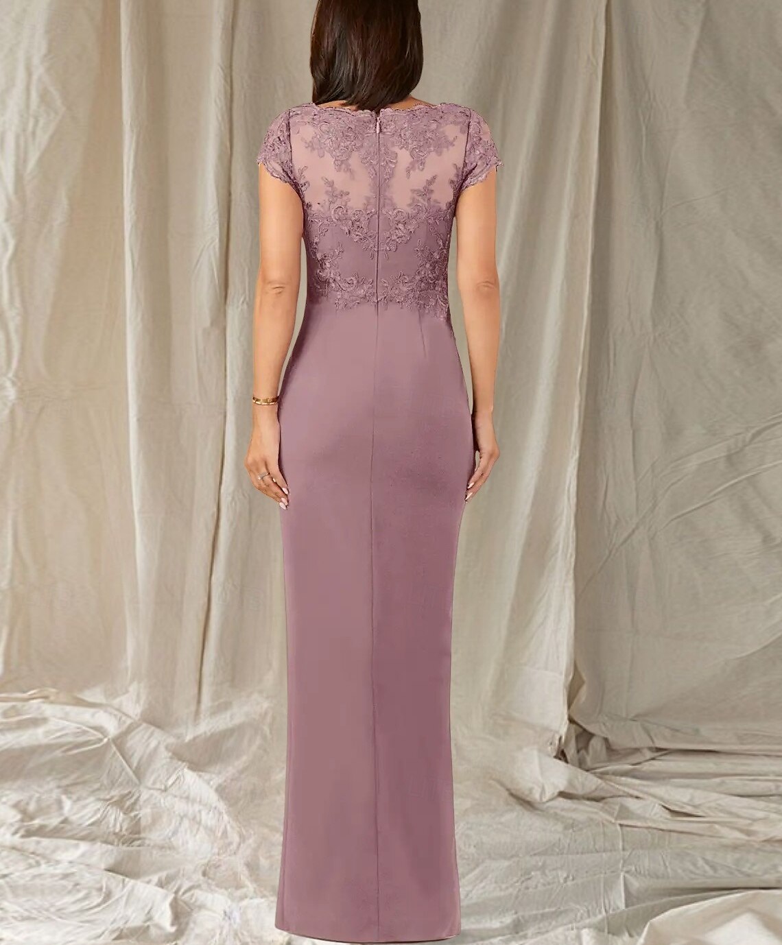 Meerjungfrau  Trompeten Brautmutter Kleid Hochzeitsgast Eleganter V-Ausschnitt Bodenlang Chiffon Spitze Cap Ärmeln mit Spitzen Rüschen Applikationen 2025 - $179.99 –P2