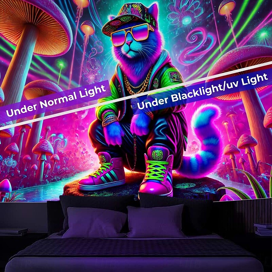 Tenture lumineuse sous lumière noire glow in the dark fête luminescente réactive aux UV motif de chat de rue paysage naturel brumeux trippant œuvre d'art murale pour salon chambre de 2025 ? $15.99 –P2