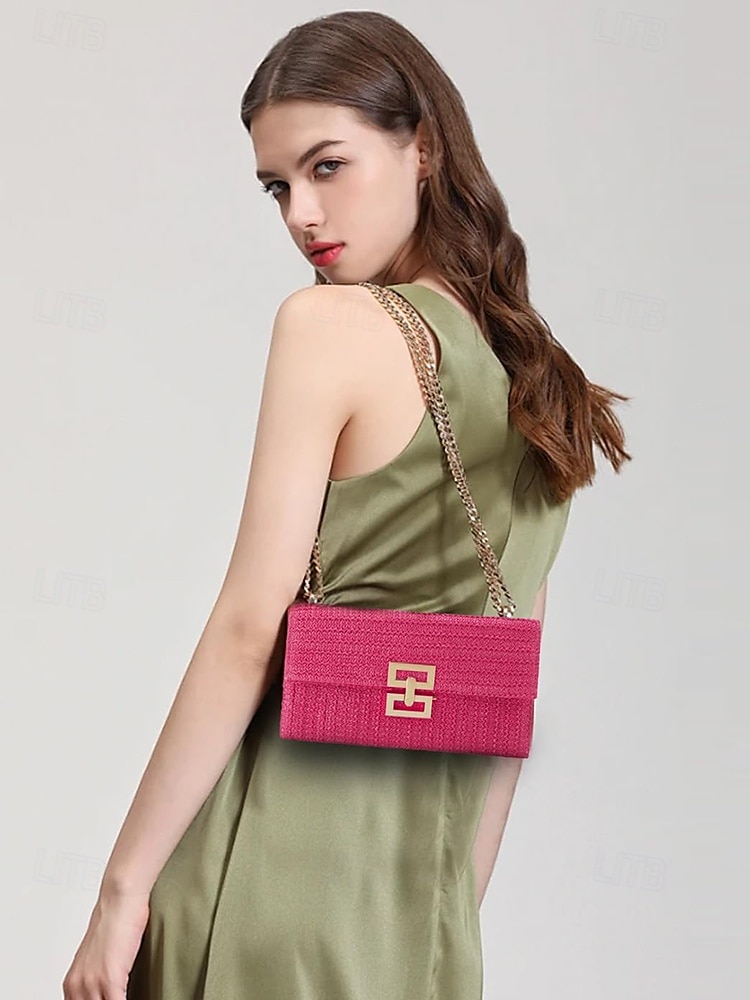 Damen-Umhängetasche aus gewebtem Stroh mit goldenem Kettenriemen – elegante Sommer-Clutch für Strand-, Urlaubs- und Resort-Outfits 2025 - $19.99 –P2