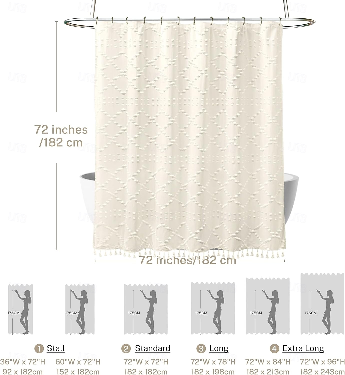 Boho White Woven Fabric Shower Curtain with Tassel 180cm 70\, image size:1380x1500